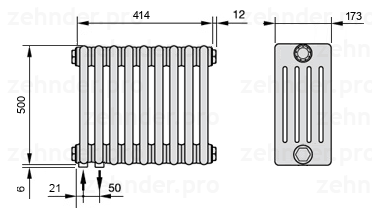 Схема (чертеж) Радиатор Zehnder Charleston 5050/9 №3370 Белый глянцевый RAL 9016